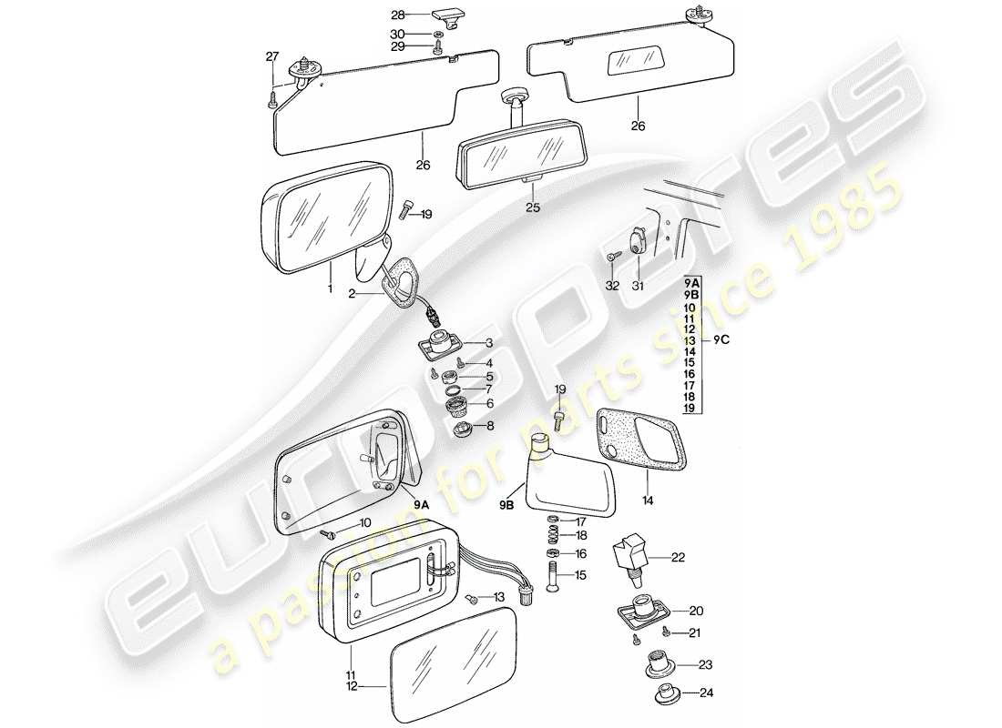 porsche 1983 (944) innenspiegel - rückspiegel - sonnenblende ersatzteildiagramm