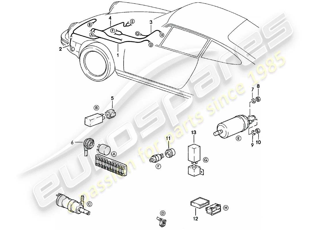 porsche 1982 (911) kabelbäume - scheibe - warnleuchte - kraftstoffpumpe teilediagramm