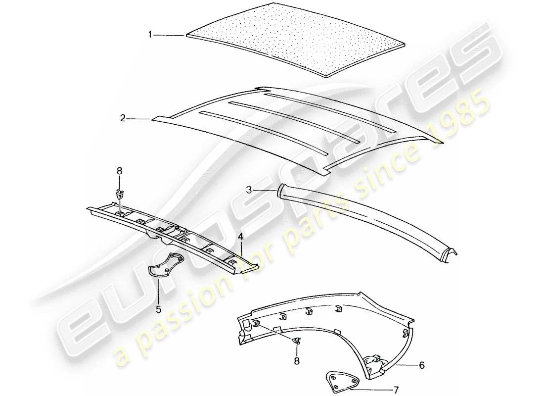 porsche 1998 (986 boxster) hardtop - innenausstattung ersatzteildiagramm