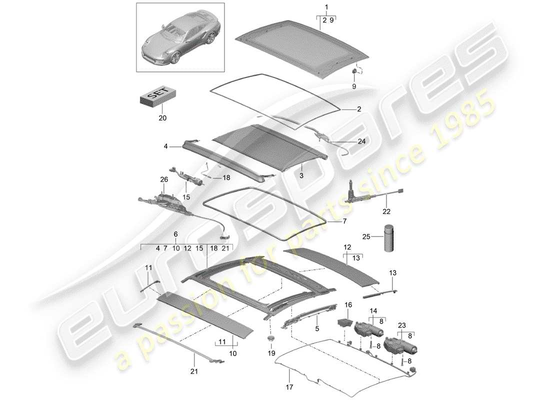 porsche 2016 (991-1 turbo) glasdach - ersatzteildiagramm