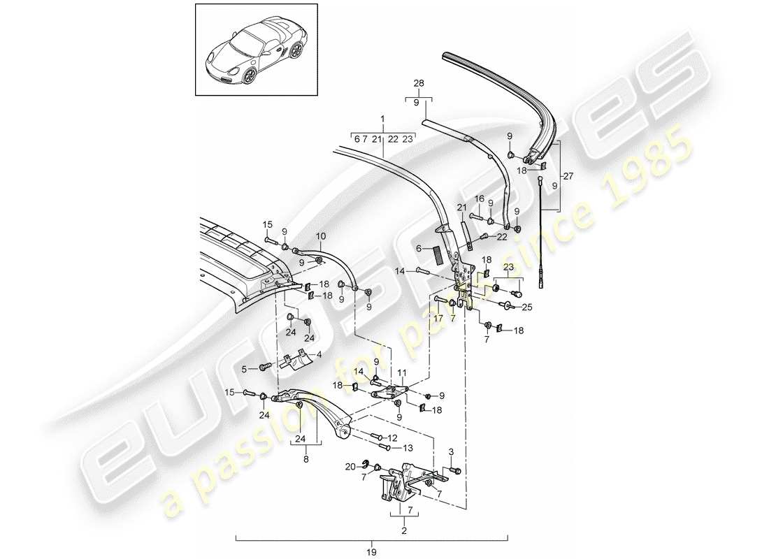 porsche 2005 (987 boxster) top frame ersatzteildiagramm