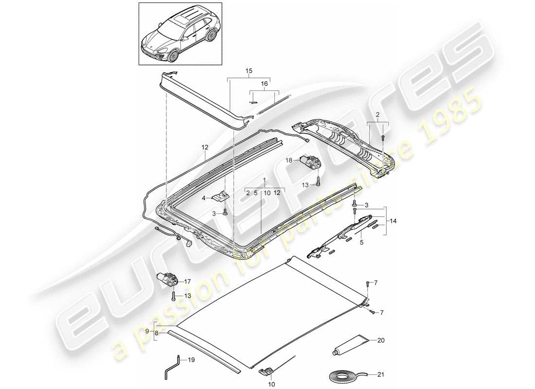 porsche 2018 (cayenne e2 92a) glasdach - ersatzteildiagramm