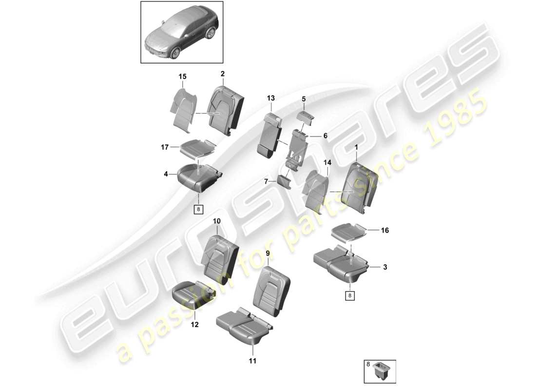 porsche 2020 (cayenne e3 9ya/9yb) sitz hinten komfortsitz schaumstoffteil sitzbezug teilediagramm