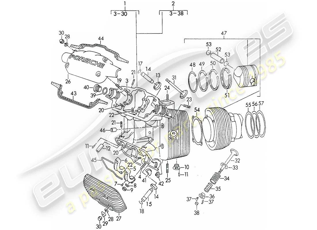 porsche 1957 (356/356a) zylinderkopf - zylinder mit kolben ersatzteildiagramm