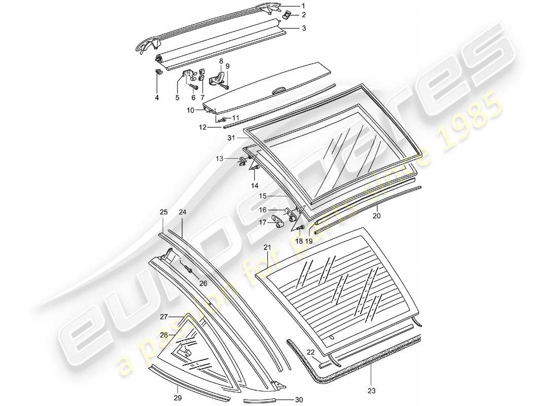 porsche 1998 (993) glasdach - ersatzteildiagramm