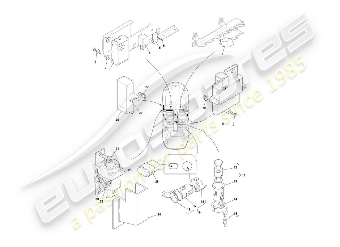 aston martin db7 vantage (2004) teilediagramm für zentral montierte komponenten