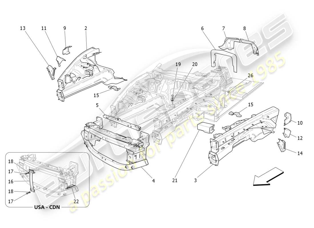 maserati granturismo s (2020) vordere strukturrahmen und bleche teilediagramm