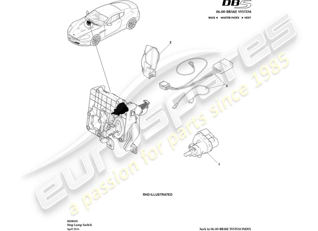 aston martin dbs (2011) teilediagramm des bremslichtschalters