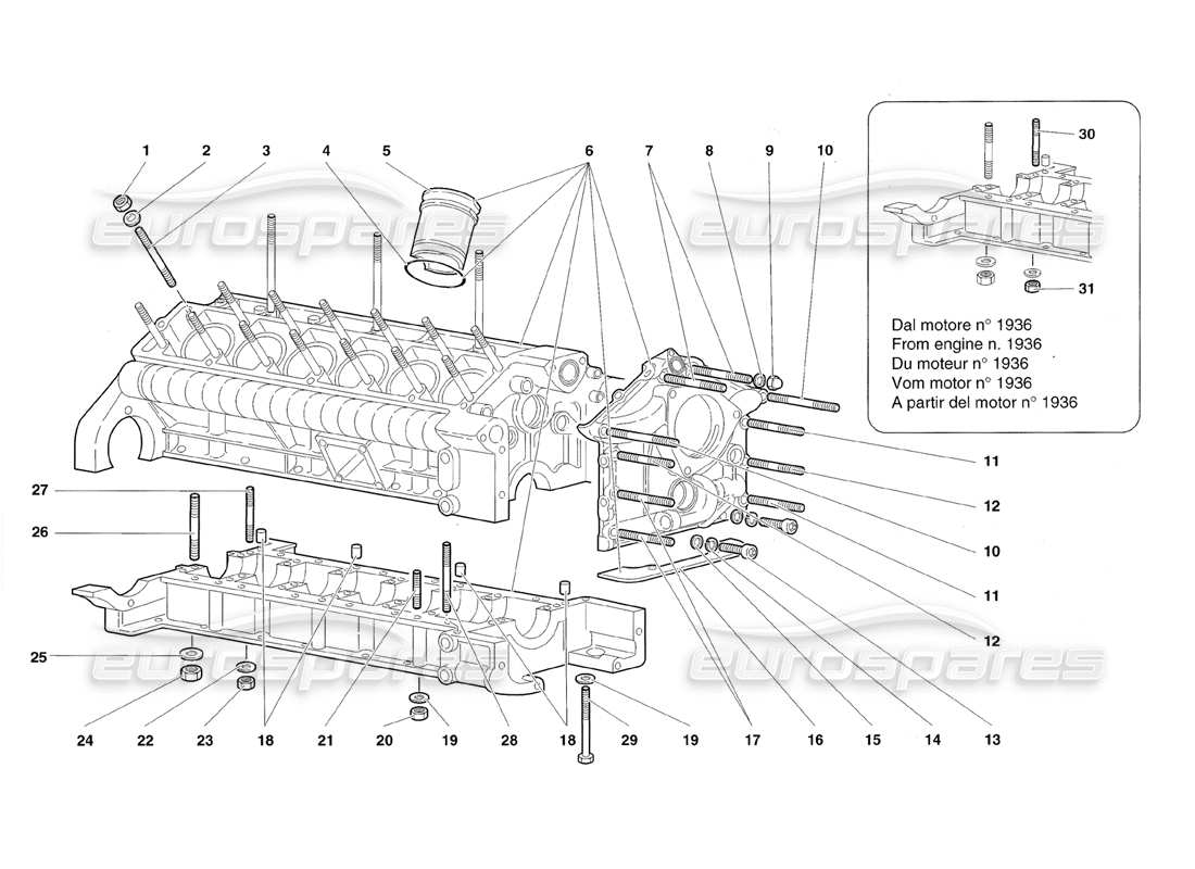 lamborghini diablo roadster (1998) teilediagramm für kurbelgehäuse und untere halterung