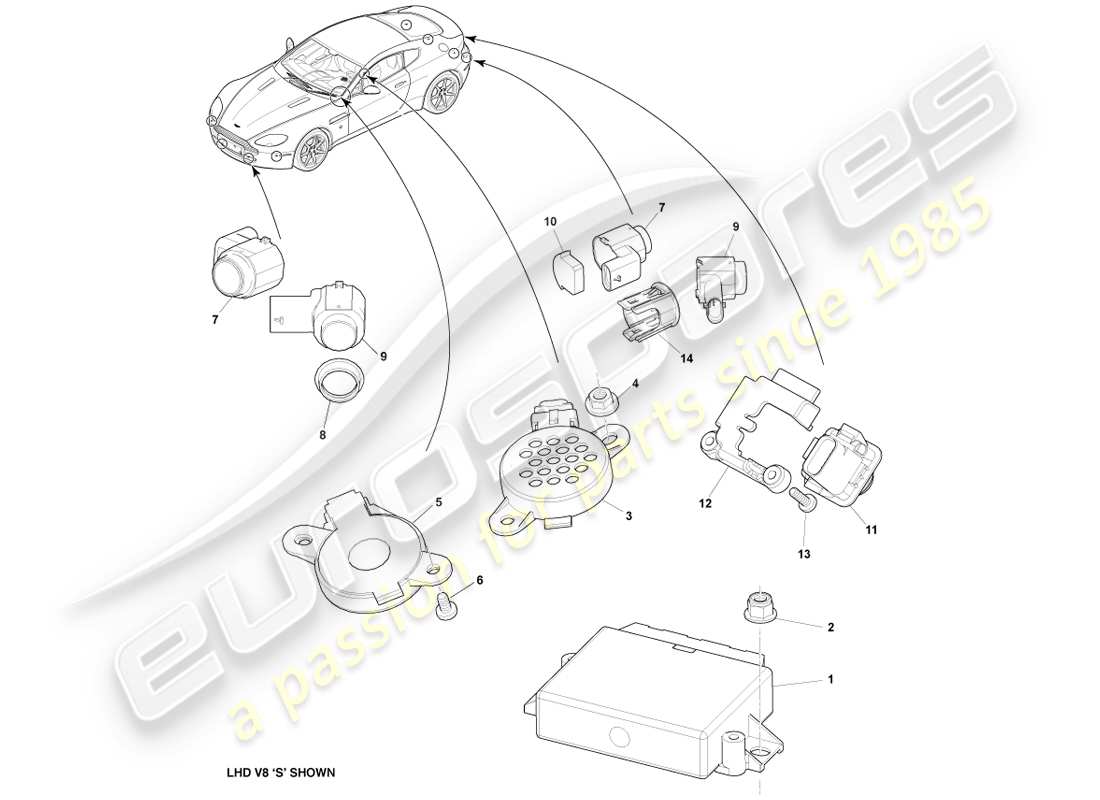 aston martin v8 vantage (2007) teilediagramm für einparkhilfesensoren