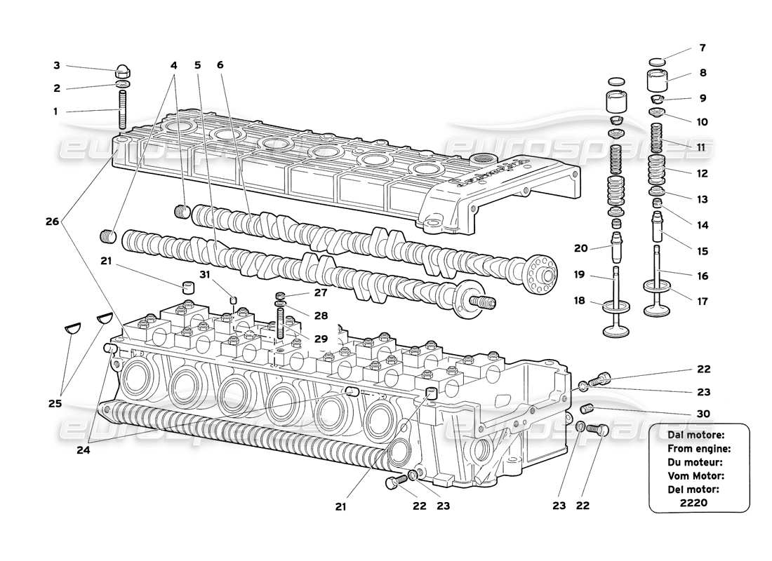 lamborghini diablo sv (1999) teilediagramm des linken zylinderkopfs