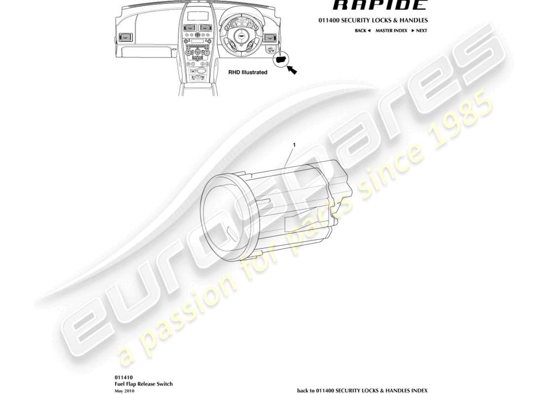 aston martin rapide (2011) teilediagramm des tankentriegelungsschalters