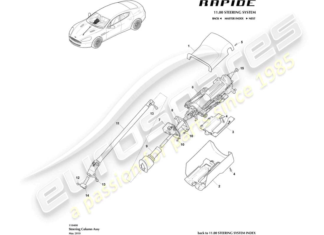 aston martin rapide (2011) teilediagramm der lenksäulenbaugruppe