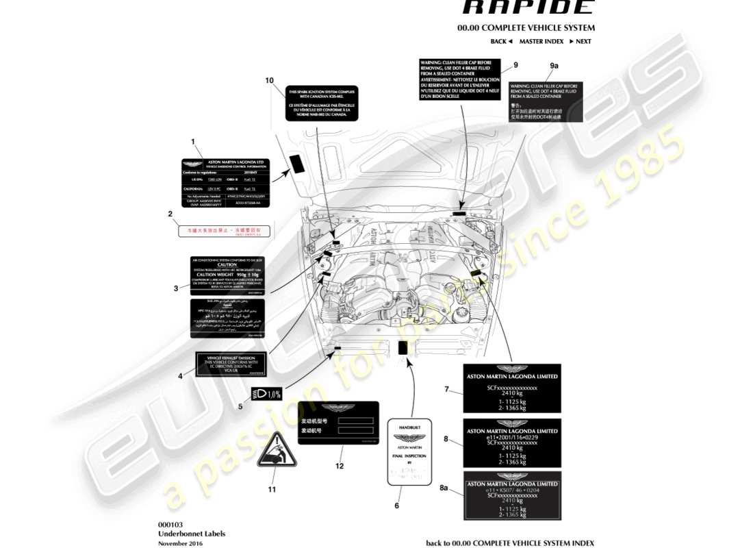 aston martin rapide (2010) teilediagramm für motorraumaufkleber