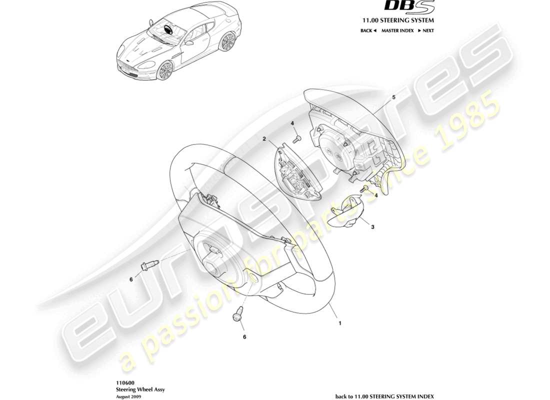 aston martin dbs (2007) teilediagramm der lenkradbaugruppe