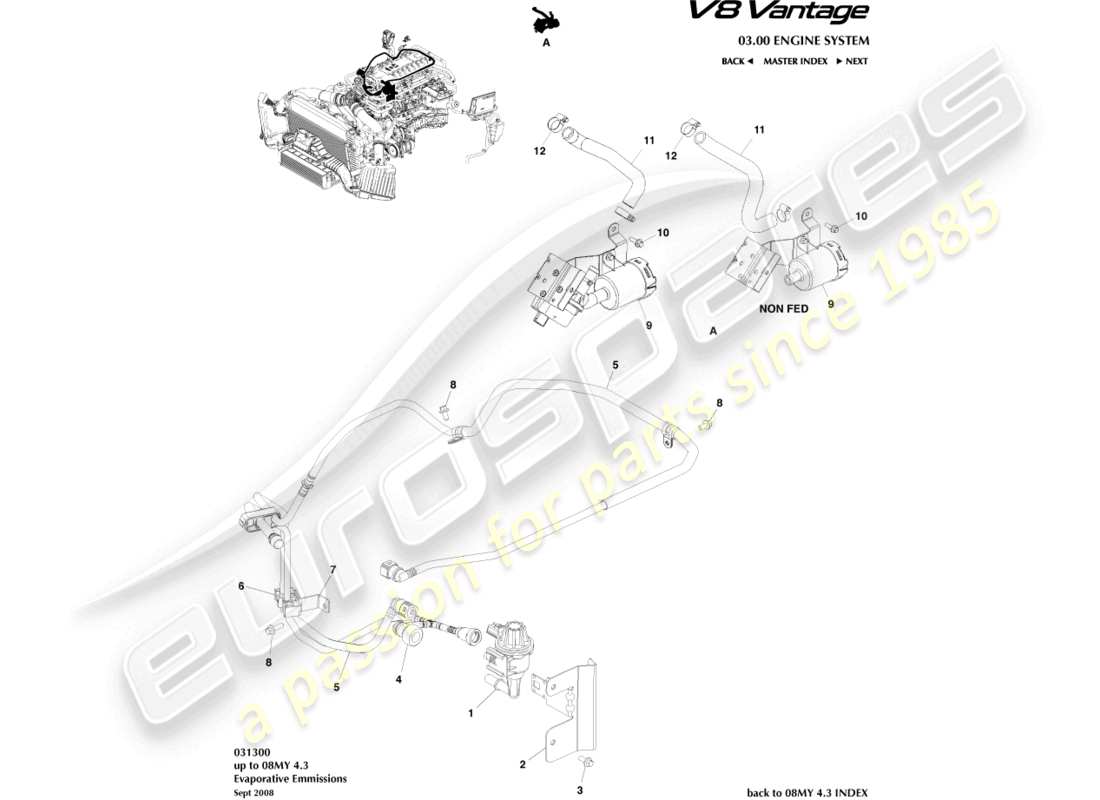 aston martin v8 vantage (2013) teilediagramm für verdunstungsemissionen