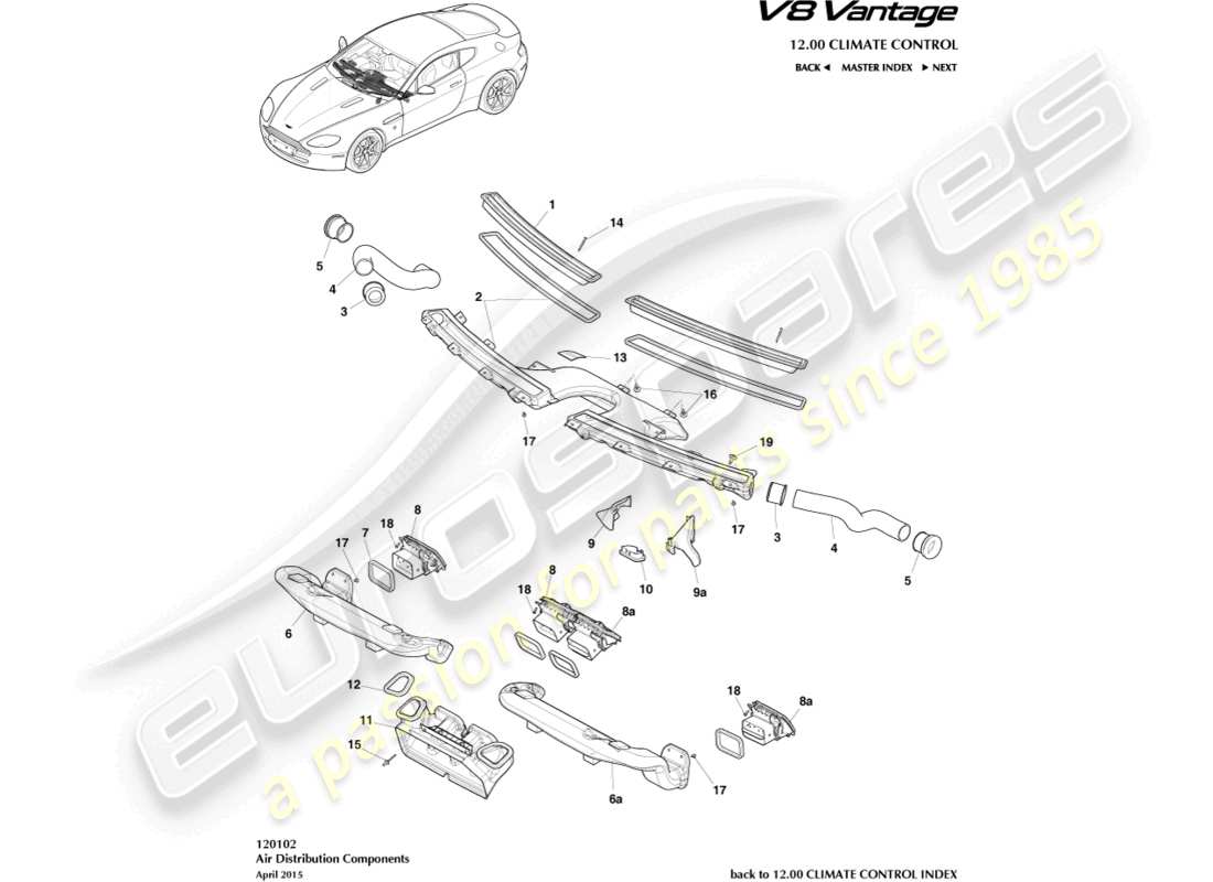 aston martin v8 vantage (2012) teilediagramm der luftverteilungskomponenten