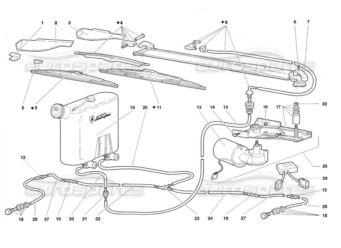 lamborghini diablo roadster (1998) teilediagramm für scheibenwischer und scheinwerferwaschanlage