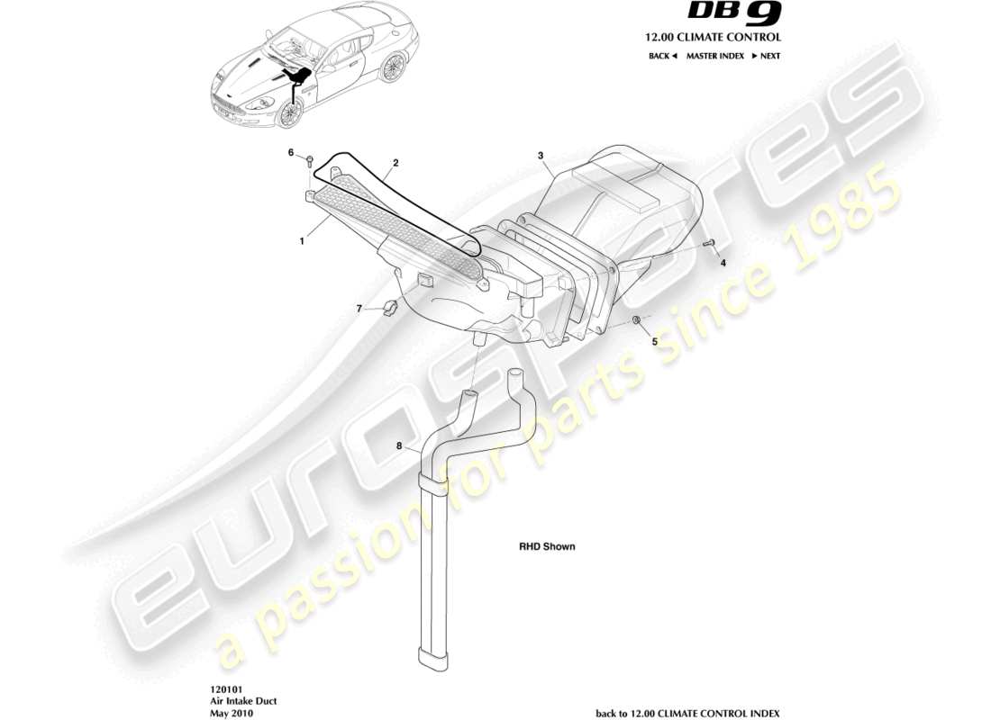 aston martin db9 (2009) teilediagramm für luftansaugkanäle