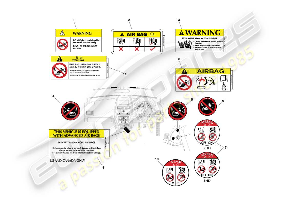 aston martin v8 vantage (2007) teilediagramm für innenbeschriftungen