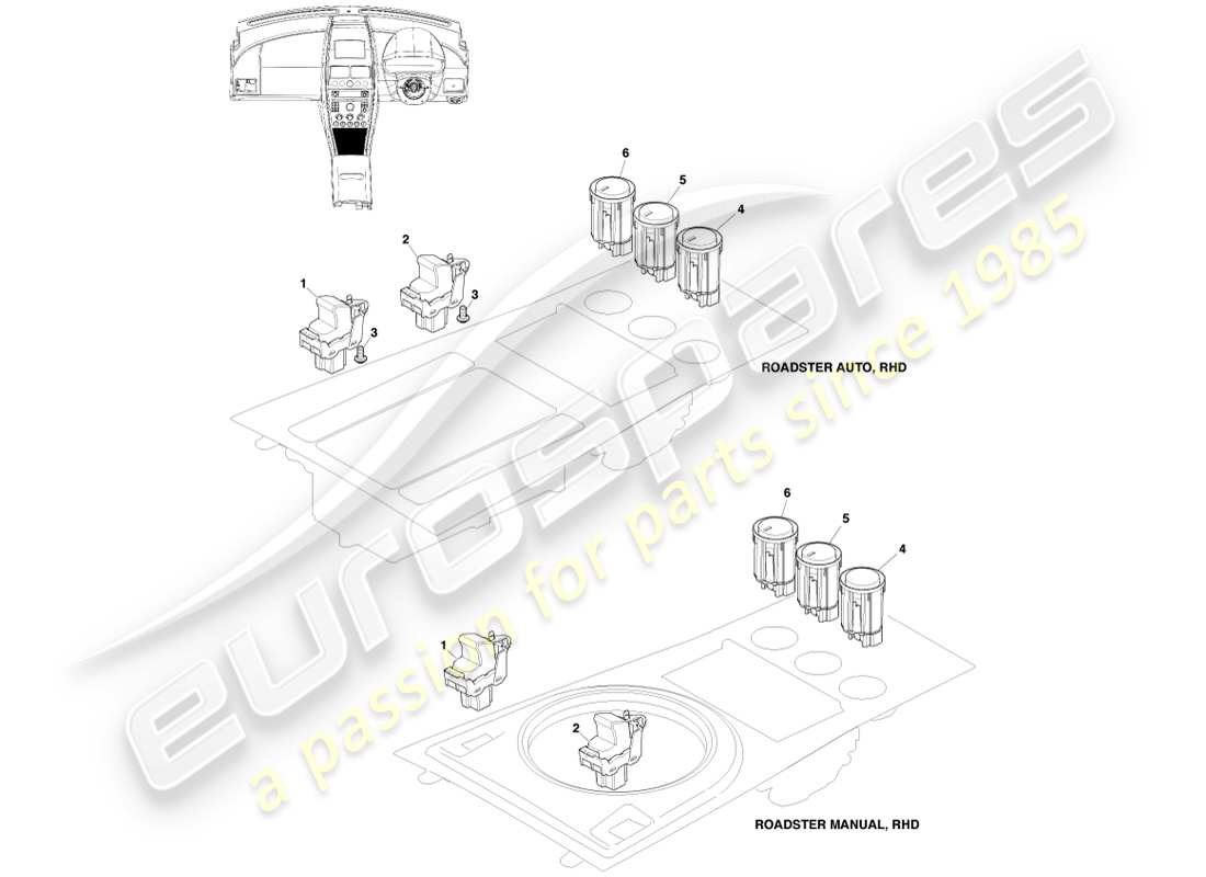 aston martin v8 vantage (2007) konsolenschalter, roadster-ersatzteildiagramm