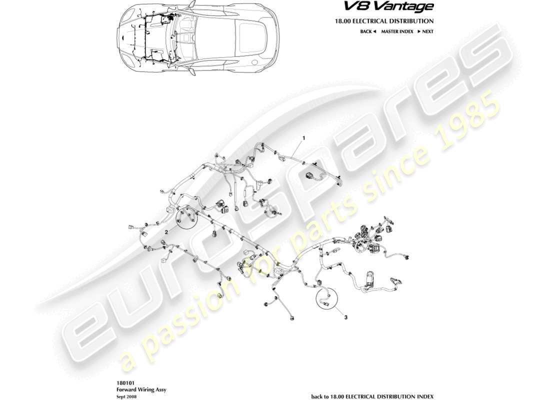 aston martin v8 vantage (2018) teilediagramm für den motorraumkabelbaum
