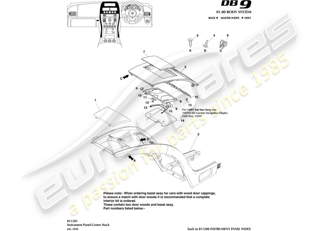 aston martin db9 (2006) teilediagramm für die mittelkonsole des instrumentenbretts
