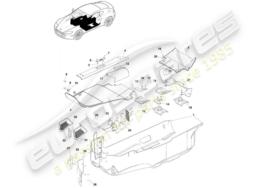 aston martin v8 vantage (2005) teildiagramm für bodenverkleidung