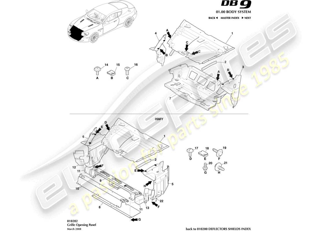 aston martin db9 (2010) teilediagramm für kühlergrillöffnungsplatte