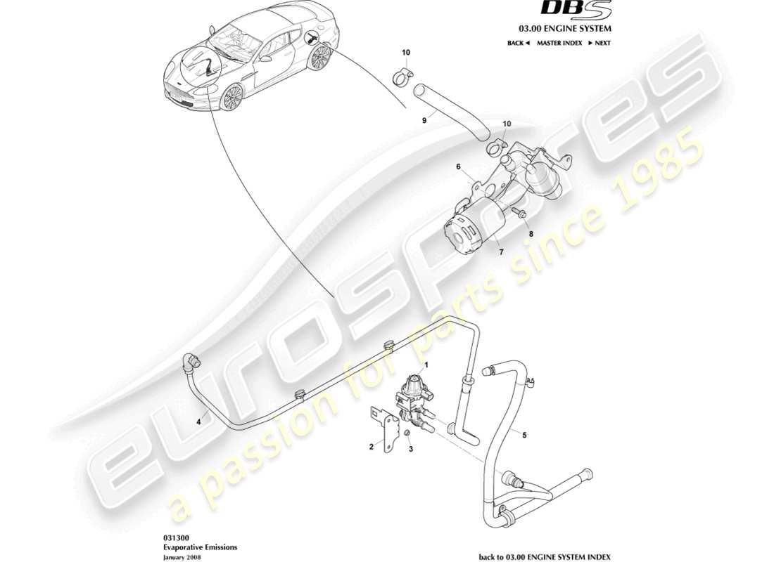 aston martin dbs (2014) teilediagramm für verdunstungsemissionen