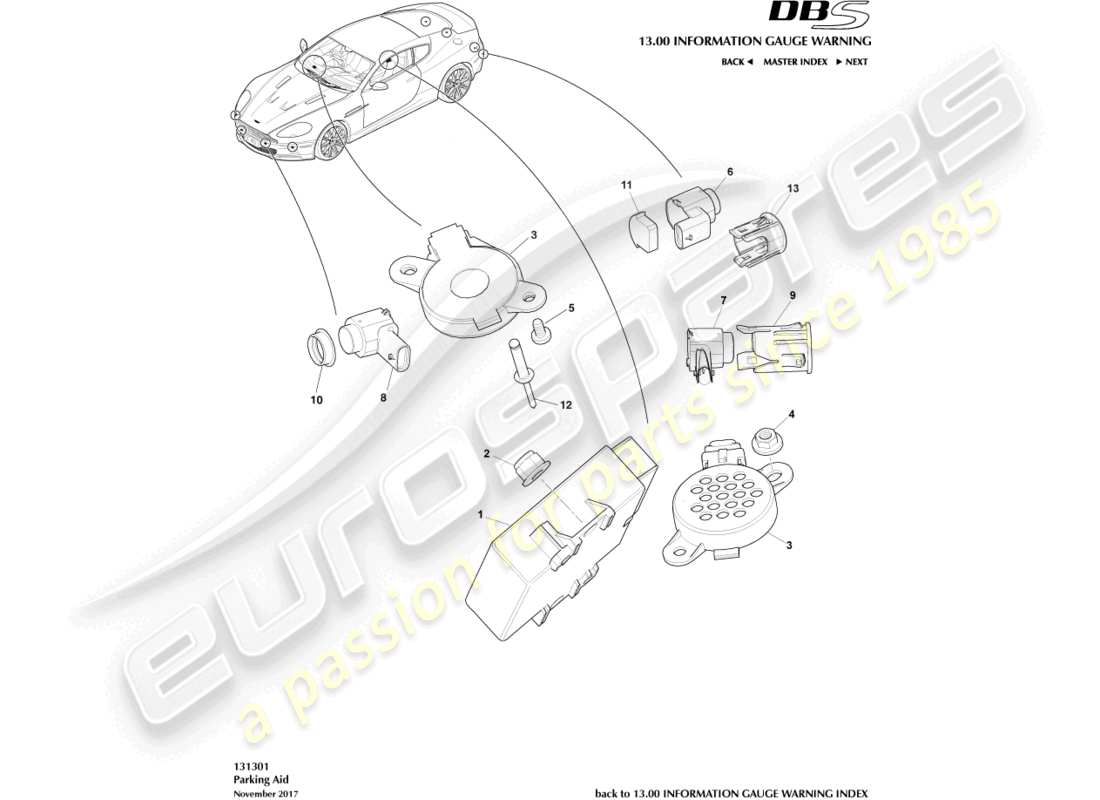 aston martin dbs (2011) teilediagramm für einparkhilfesensoren