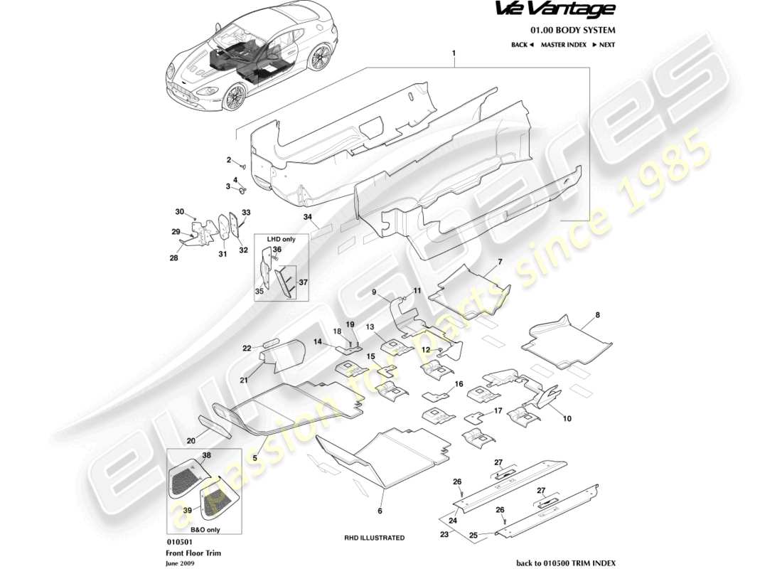 aston martin v12 vantage (2013) teildiagramm für bodenverkleidung