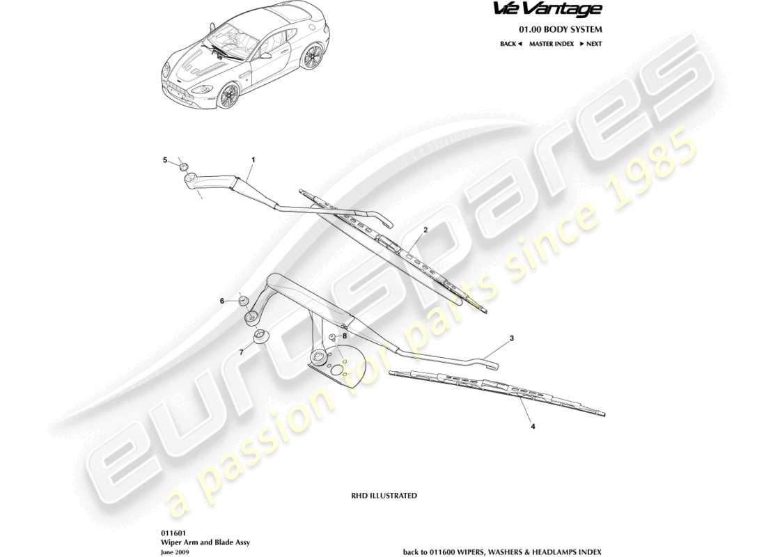 aston martin v12 vantage (2012) teilediagramm der wischerblattbaugruppe