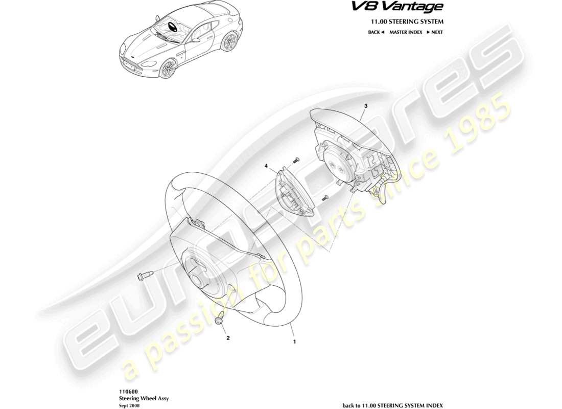 aston martin v8 vantage (2017) teilediagramm der lenkradbaugruppe