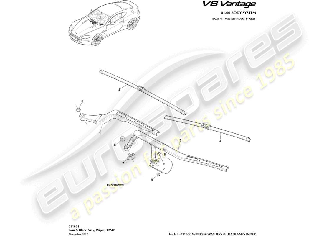 aston martin v8 vantage (2018) wischerblattbaugruppe, 12my teilediagramm