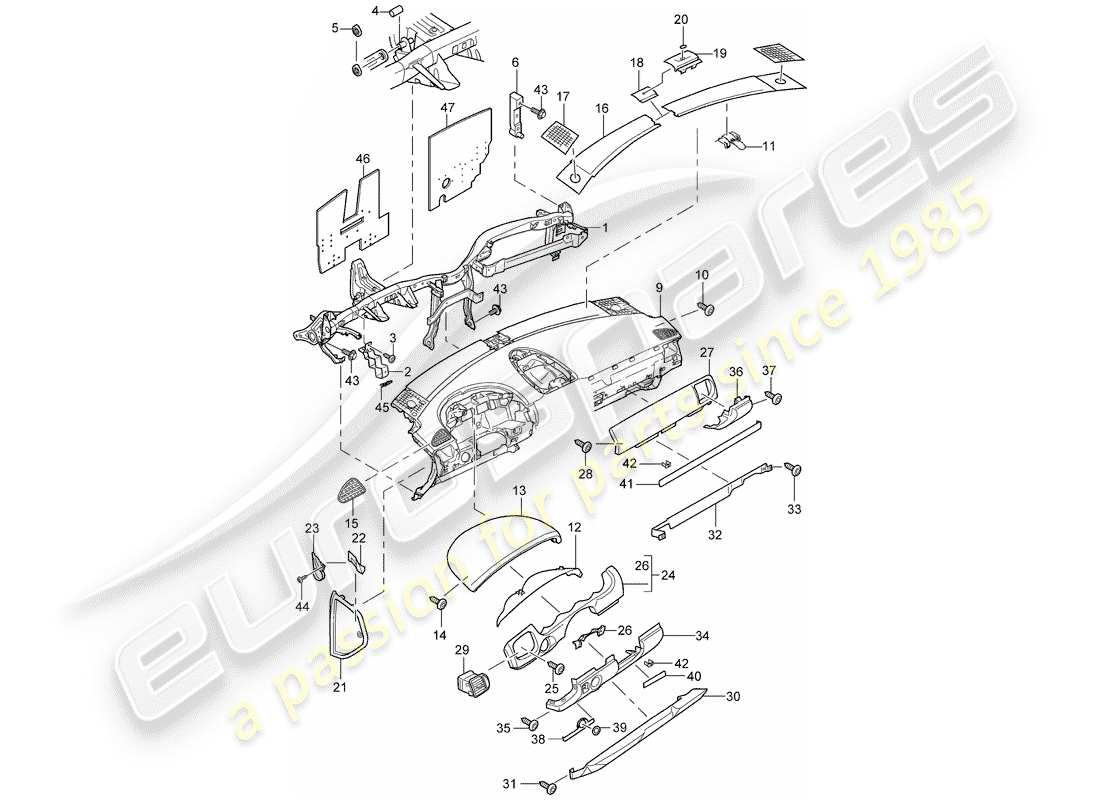 porsche 2010 (cayenne e1 9pa) armaturenbrettverkleidung teilediagramm
