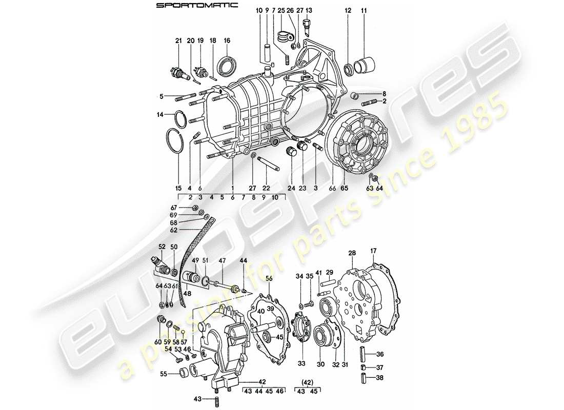 porsche 1977 (911) ersatzgetriebe - getriebegehäuse teilediagramm
