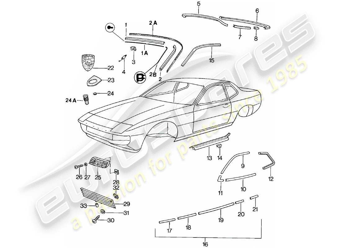 porsche 1982 (924) dekorative beschläge ersatzteildiagramm