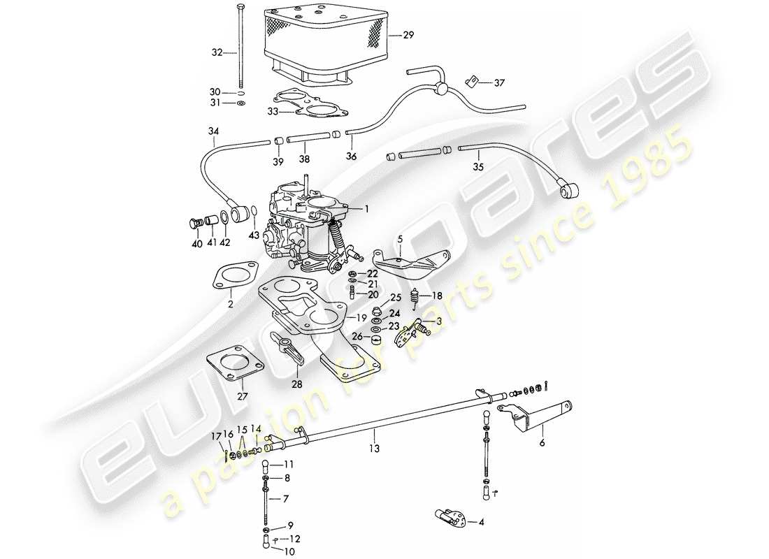 porsche 1964 (356b/356c) vergaser- und kraftstoffzufuhrleitung ersatzteildiagramm