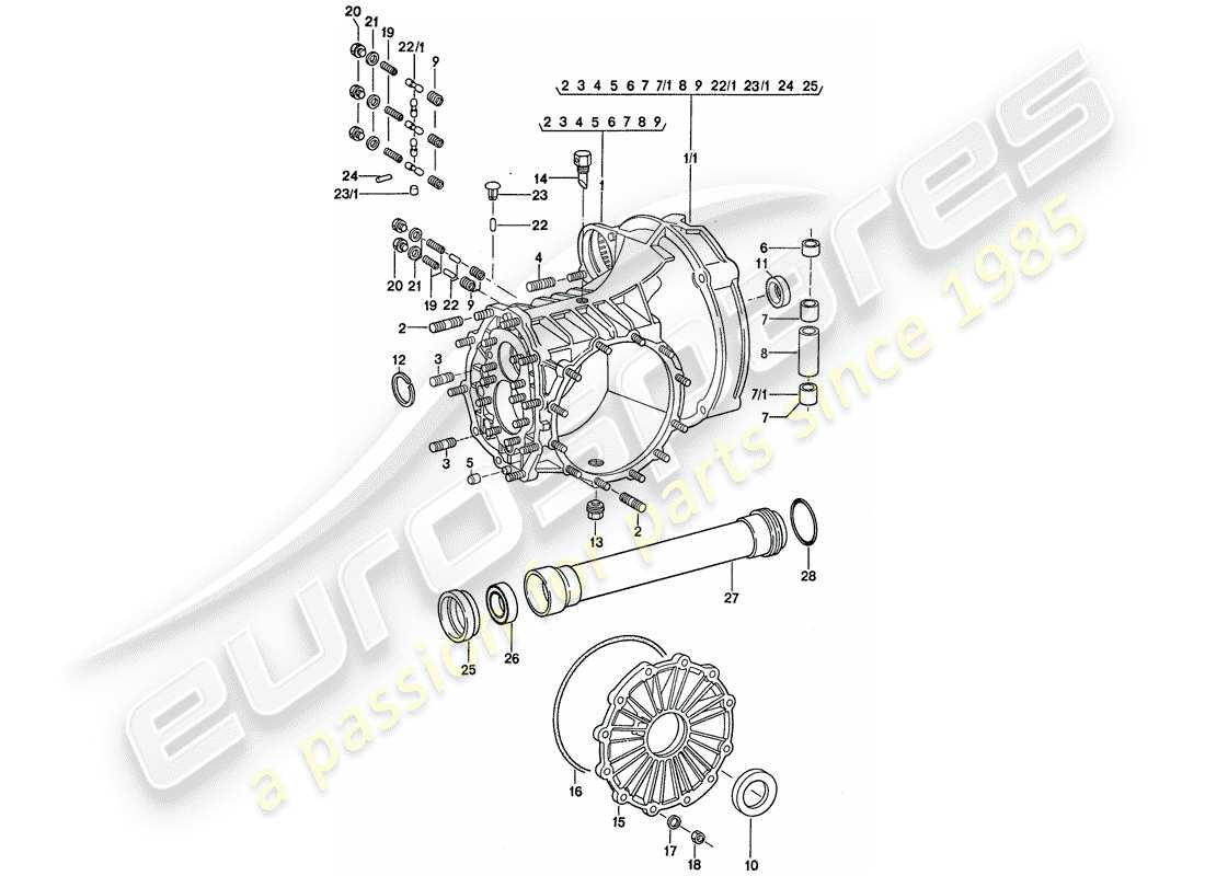 porsche 1976 (911) ersatzgetriebe - getriebegehäuse teilediagramm