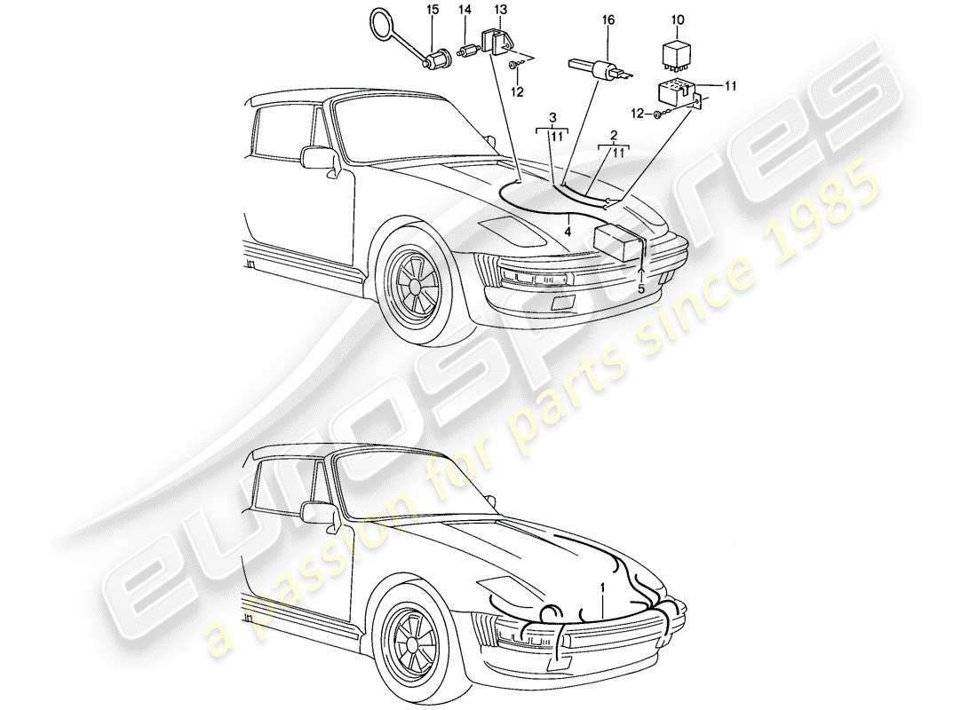 porsche 1987 (911) sondermodell - flatnose design - kabelbäume - relais ersatzteildiagramm