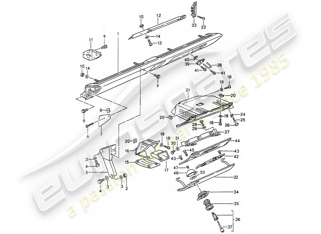 porsche 1994 (993) kniepolsterverkleidung - für fahrzeuge mit airbag (beifahrerseite) ersatzteildiagramm