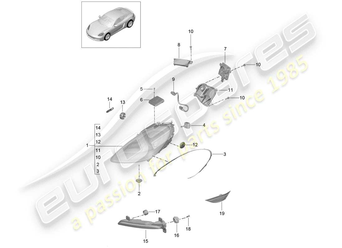 porsche 718 cayman (2020) scheinwerfer-teilediagramm