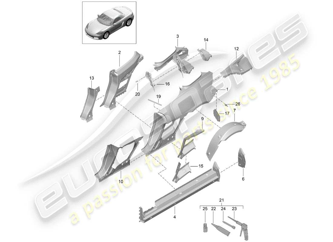 porsche 2020 (718 boxster) seitenwand teilediagramm