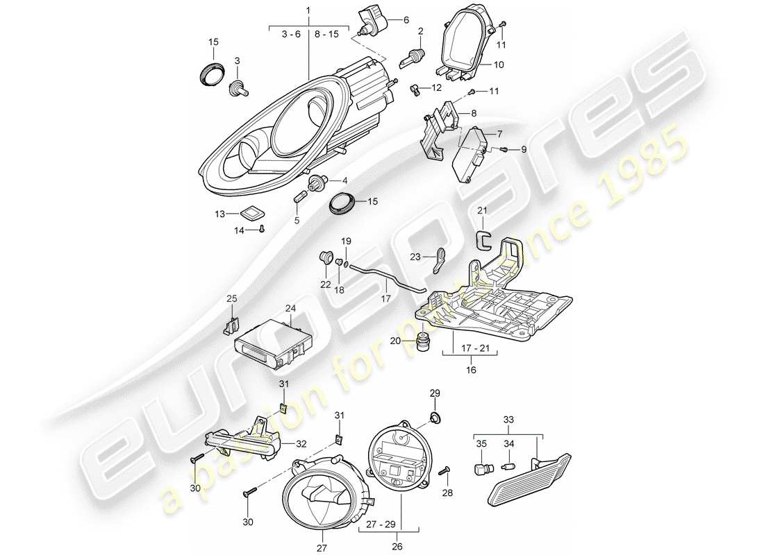 porsche 2012 (987 cayman) scheinwerfer-teilediagramm