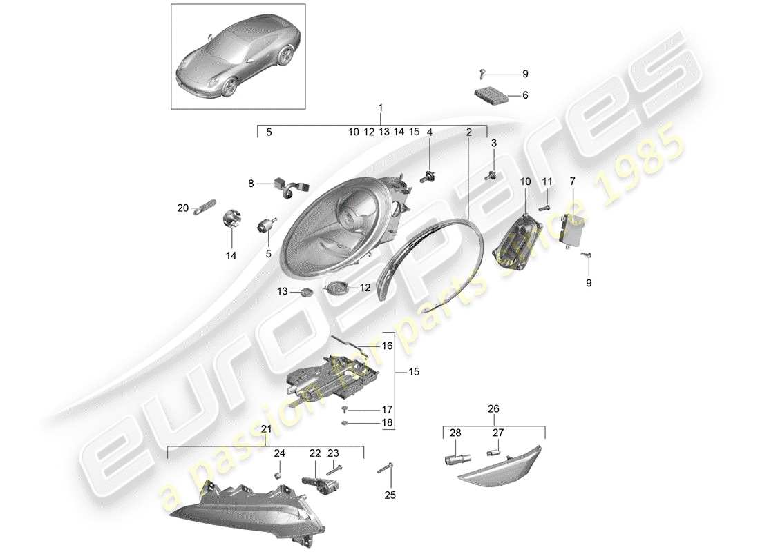porsche 2012 (991-1) scheinwerfer-teilediagramm