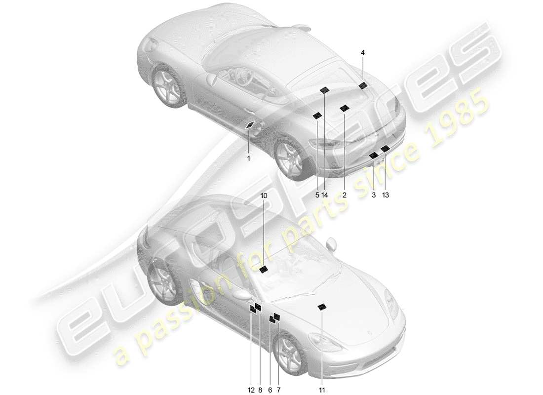 porsche 2017 (718 cayman) zeichen/hinweise teilediagramm