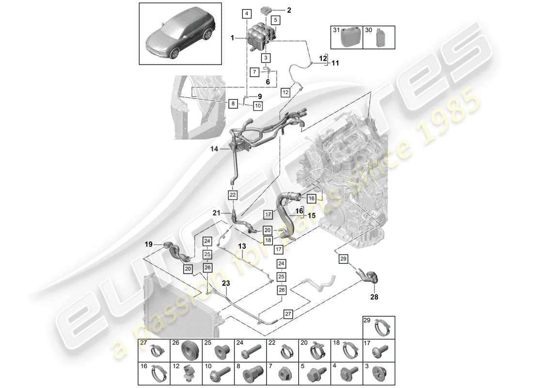 porsche 2020 (cayenne e3 9ya/9yb) wasserkühlung teilediagramm