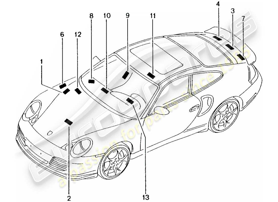 porsche 2001 (996 turbo / gt2) schilder/hinweise teilediagramm