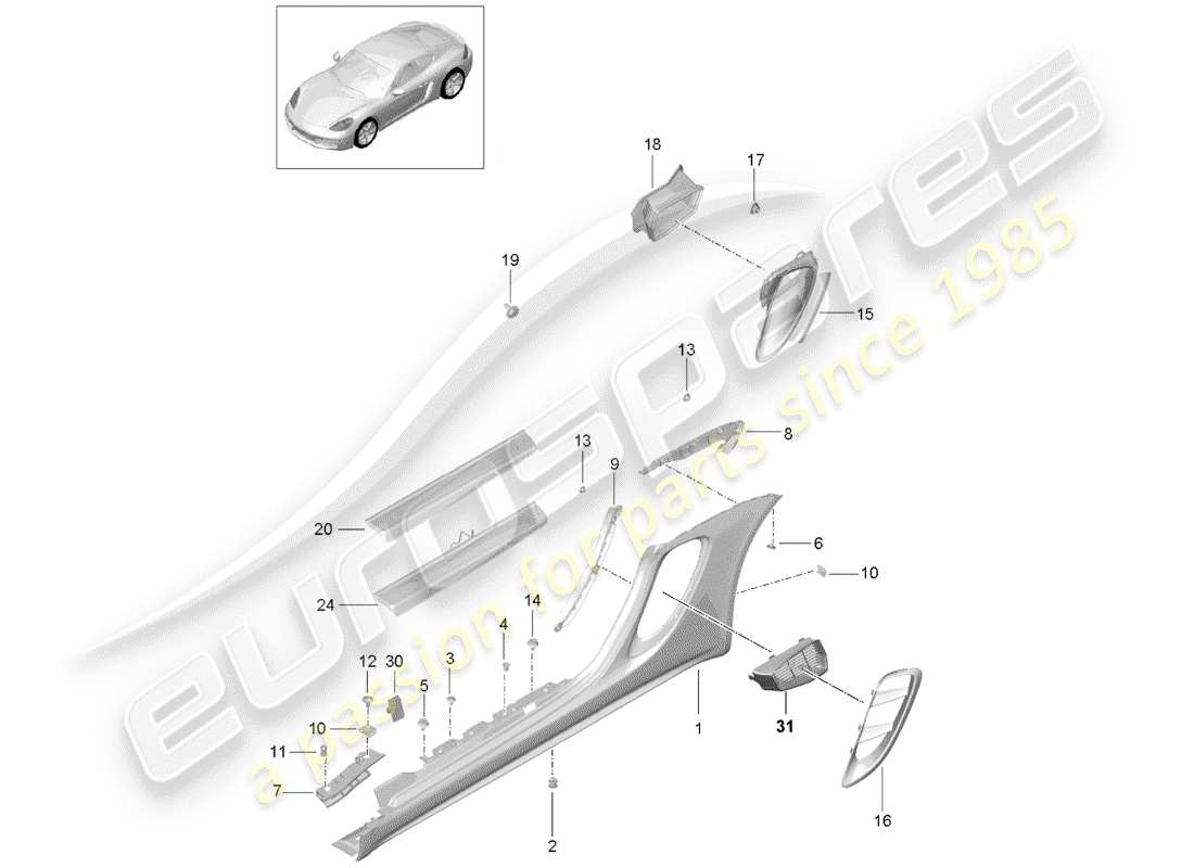 porsche 2020 (718 cayman) seitenträgerverkleidung teilediagramm